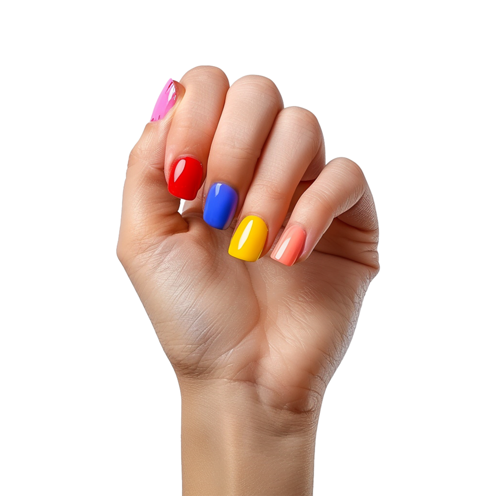 Female hand with colored nails raised hand isolated on transparent background png