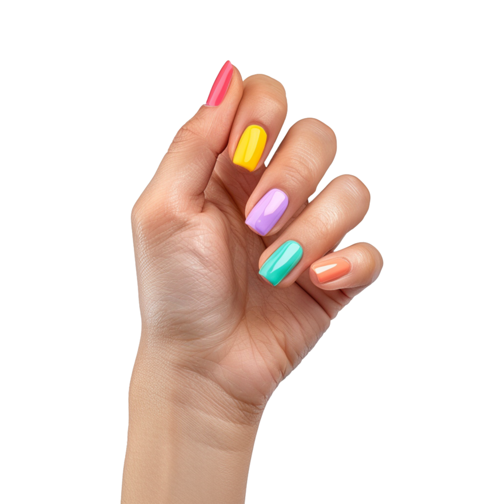 Female hand with colored nails raised hand isolated on transparent background png