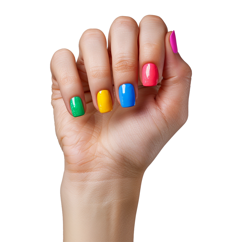 Female hand with colored nails raised hand isolated on transparent background png