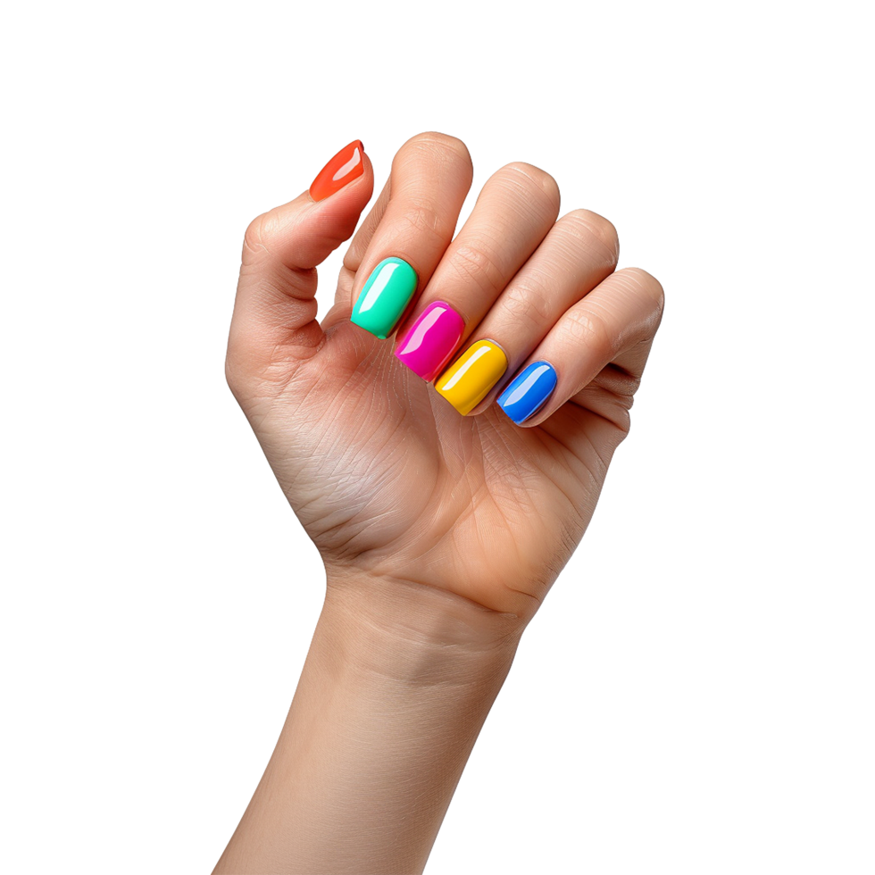 Female hand with colored nails raised hand isolated on transparent background png