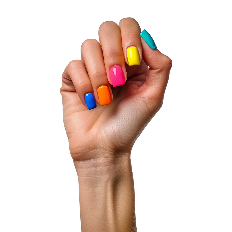Female hand with colored nails raised hand isolated on transparent background png