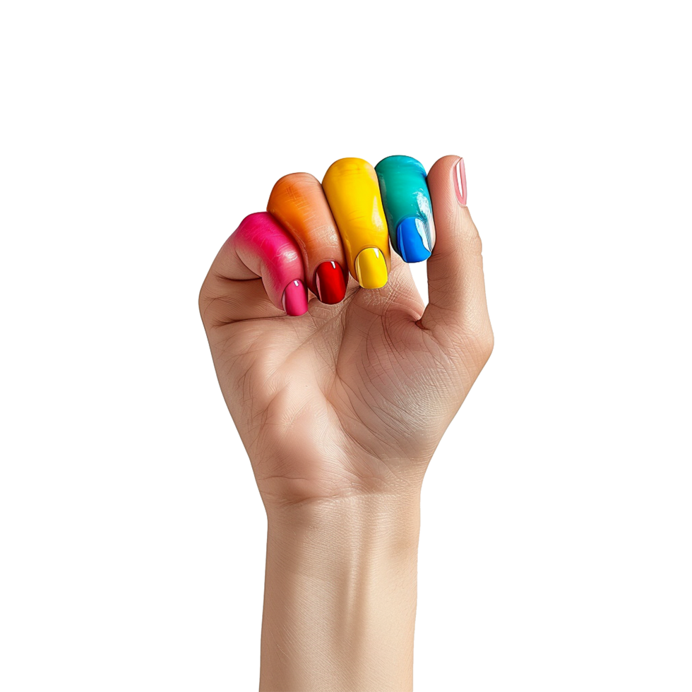 Female hand with colored nails raised hand isolated on transparent background png