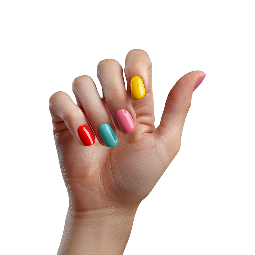 Female hand with colored nails raised hand isolated on transparent background png