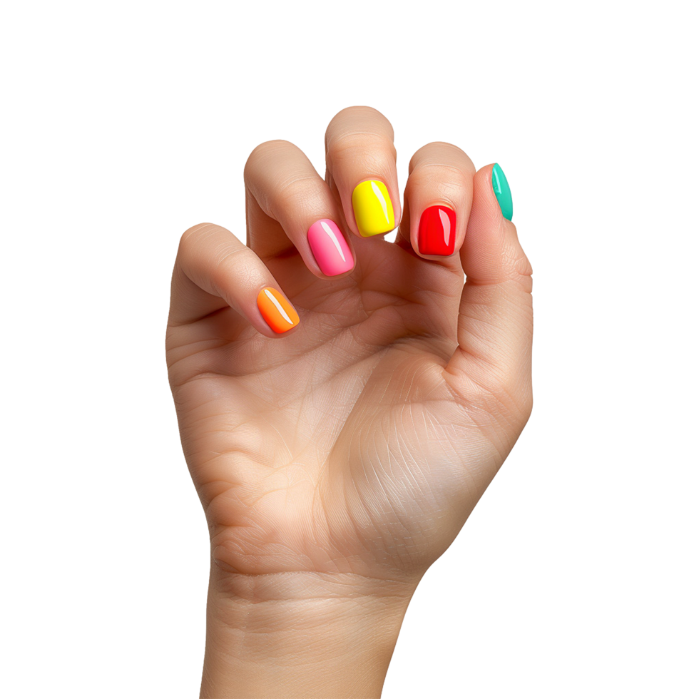 Female hand with colored nails raised hand isolated on transparent background png