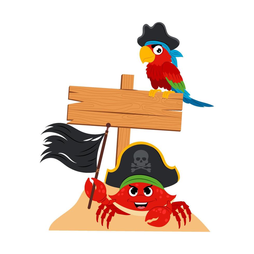 A crab with black flag in a pirate hat and a parrot. Template for text. Wooden board for inscriptions with marine animal. Flat style illustration. vector