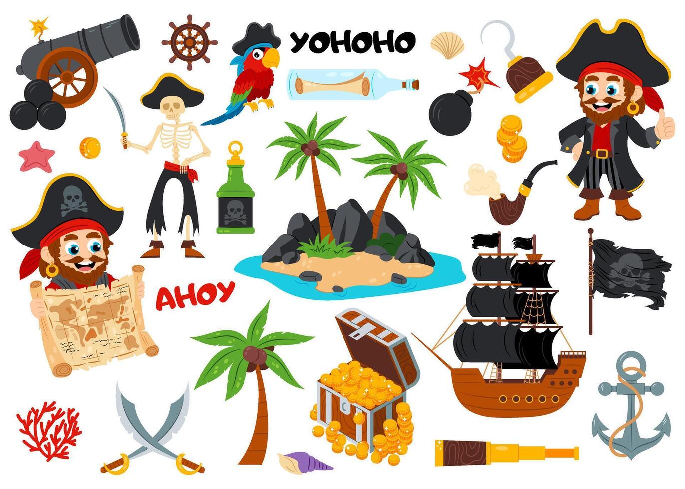 A big pirate set of different flat style items. Islands, adventures, pirates, maps. Cartoon illustrations of pirate items. vector