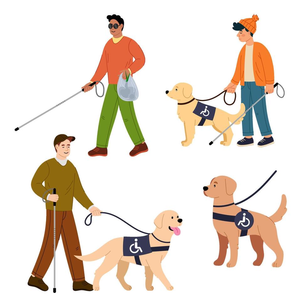 Set of illustrations of people with disabilities and a guide dog in flat style. Blind man with a cane. life. Health care concept. Pet friend and assistant for blind people. vector