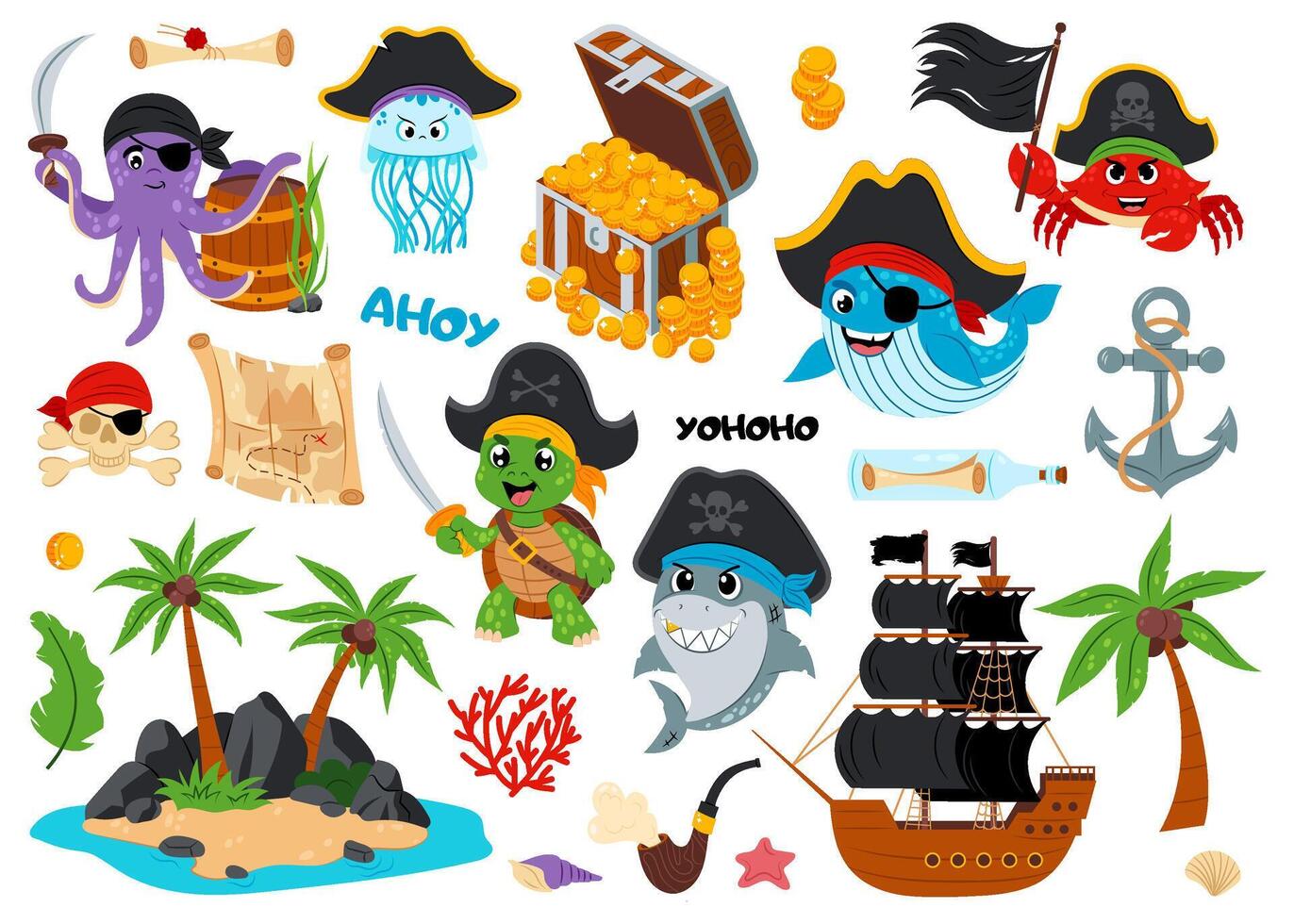 Set of illustrations of sea animals in pirate costumes. Sea animals with different pirate items. Cute sea creatures on a white background. vector