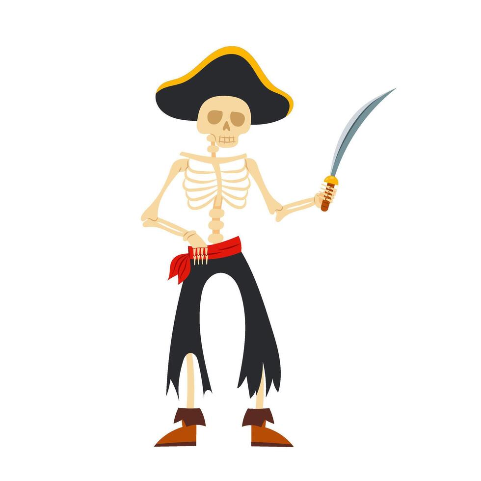 Skeleton of a pirate with a saber in a flat style on a white background. Cartoon kids pirate character. vector