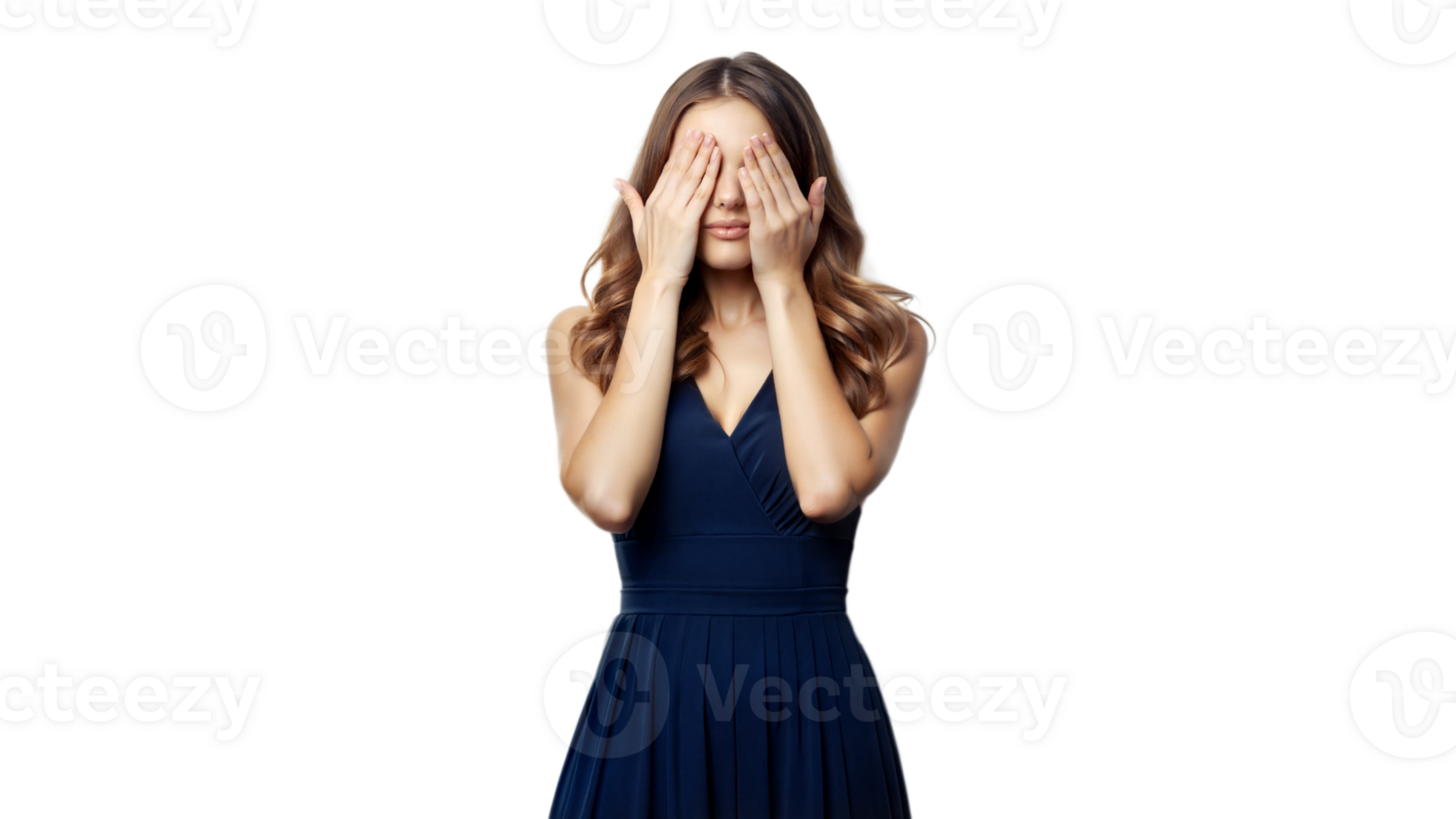 Woman In Blue Dress Covering Her Eyes With Hands png
