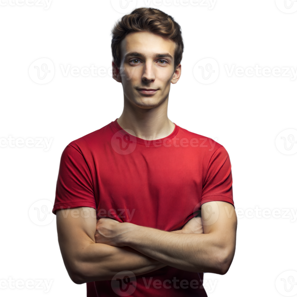 Young Man Wearing Red T-Shirt With Arms Crossed png