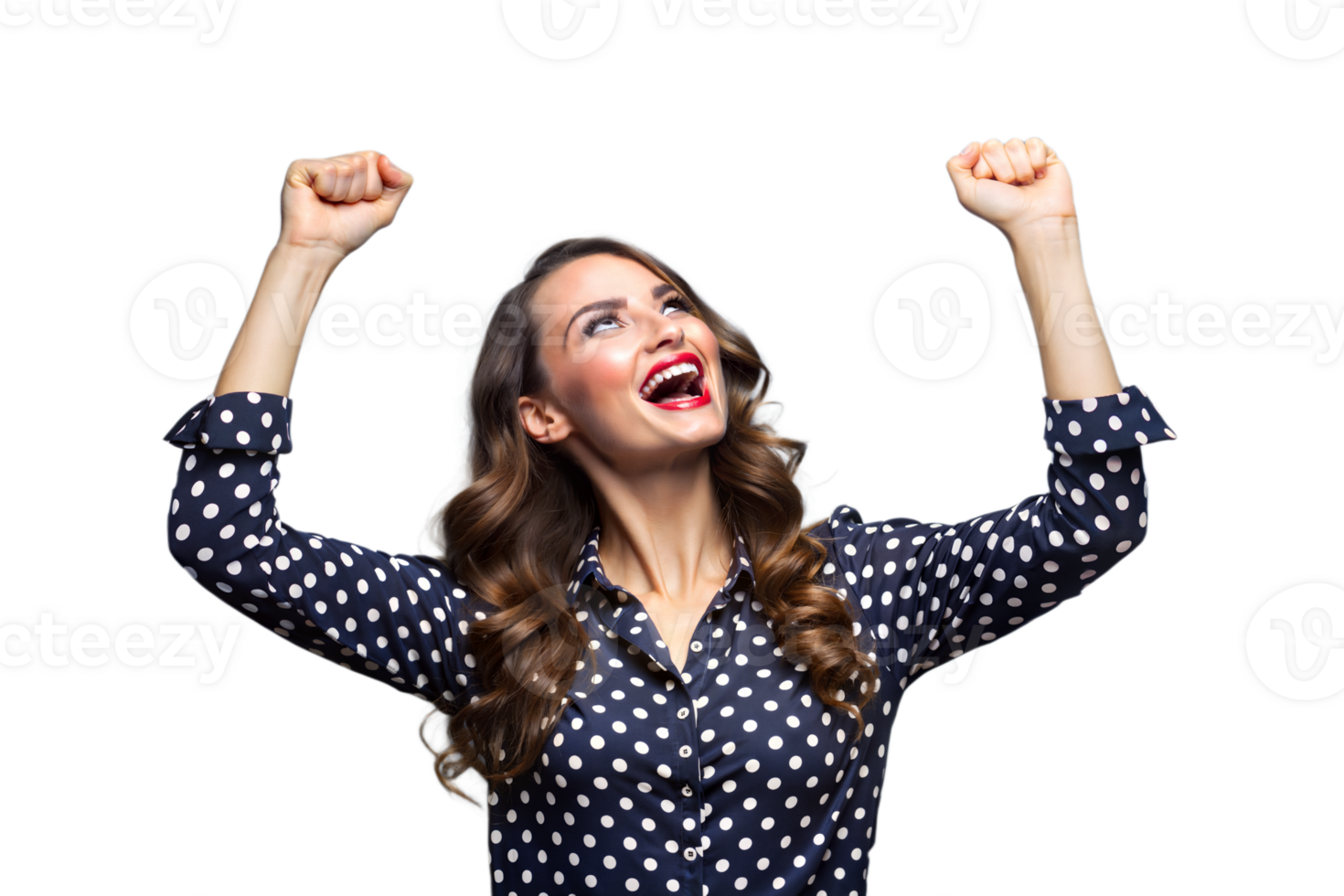Happy Woman With Long Brown Hair Wearing Polka Dot Shirt Celebrates With Raised Arms png