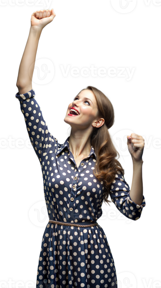 Happy Woman In Polka Dot Dress Celebrates Success With Arms Raised png