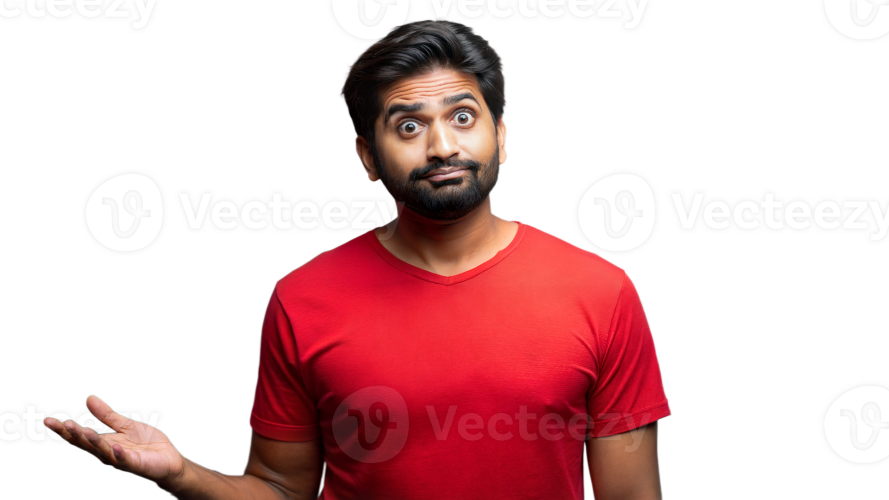 Man With Confused Expression In Red Shirt On Transparent Background png