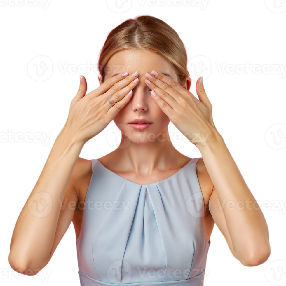 Young Woman Covering Her Eyes With Hands in a Blue Dress png