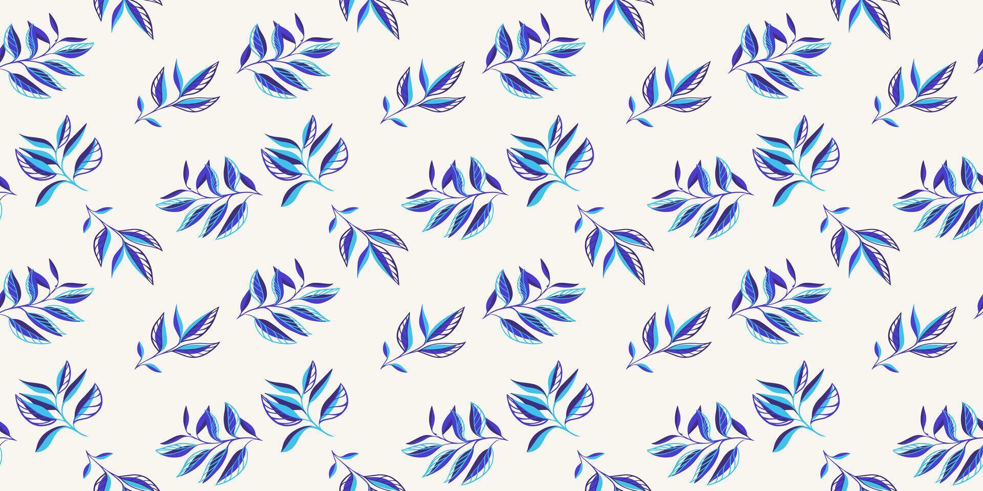 Blue abstract shape branches leaves scattered randomly on a seamless pattern. Creative tiny tropical leaf stems print on a light background. hand drawing sketch. Design for fashion, fabric vector