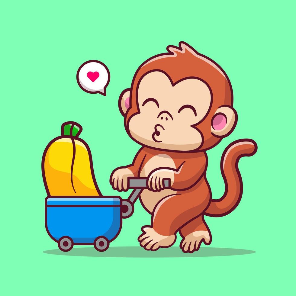Cute Monkey Bring Banana With Trolley Cartoon vector