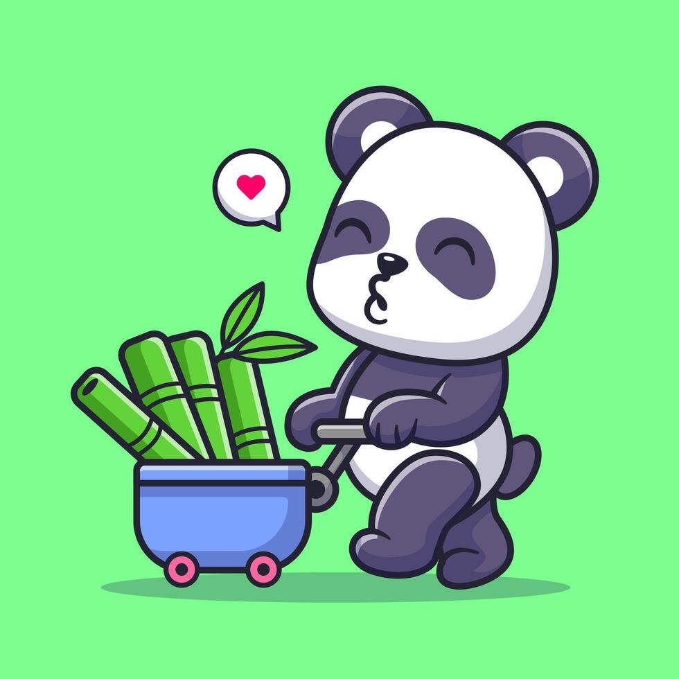 Cute Panda Bring Bamboo With Trolley Cartoon vector