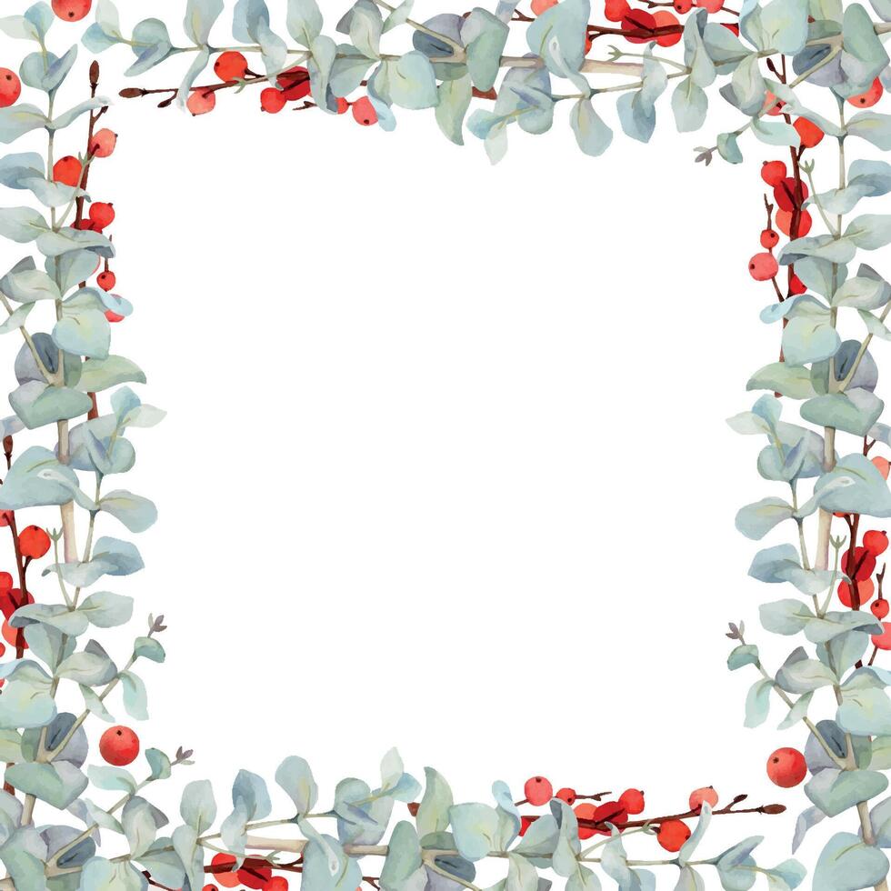 Eucalyptus laurel branches leaves with red berries. Watercolor hand drawn illustration, border frame isolated on white. Xmas, happy new year festive, noel navidad. Cards, gifts, florist shop, wedding. vector