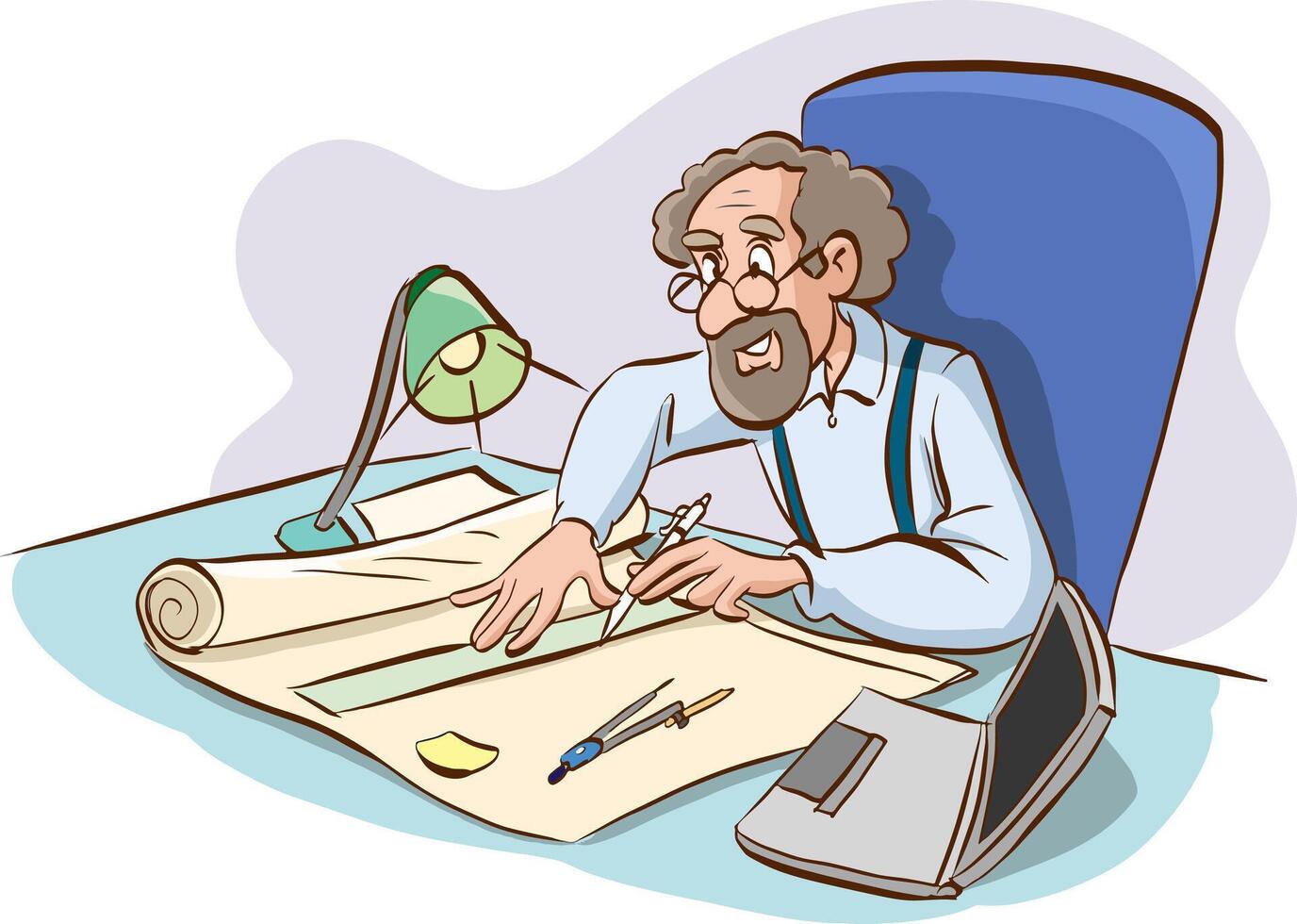 Architect working at desk in office designing building plan, illustration. vector