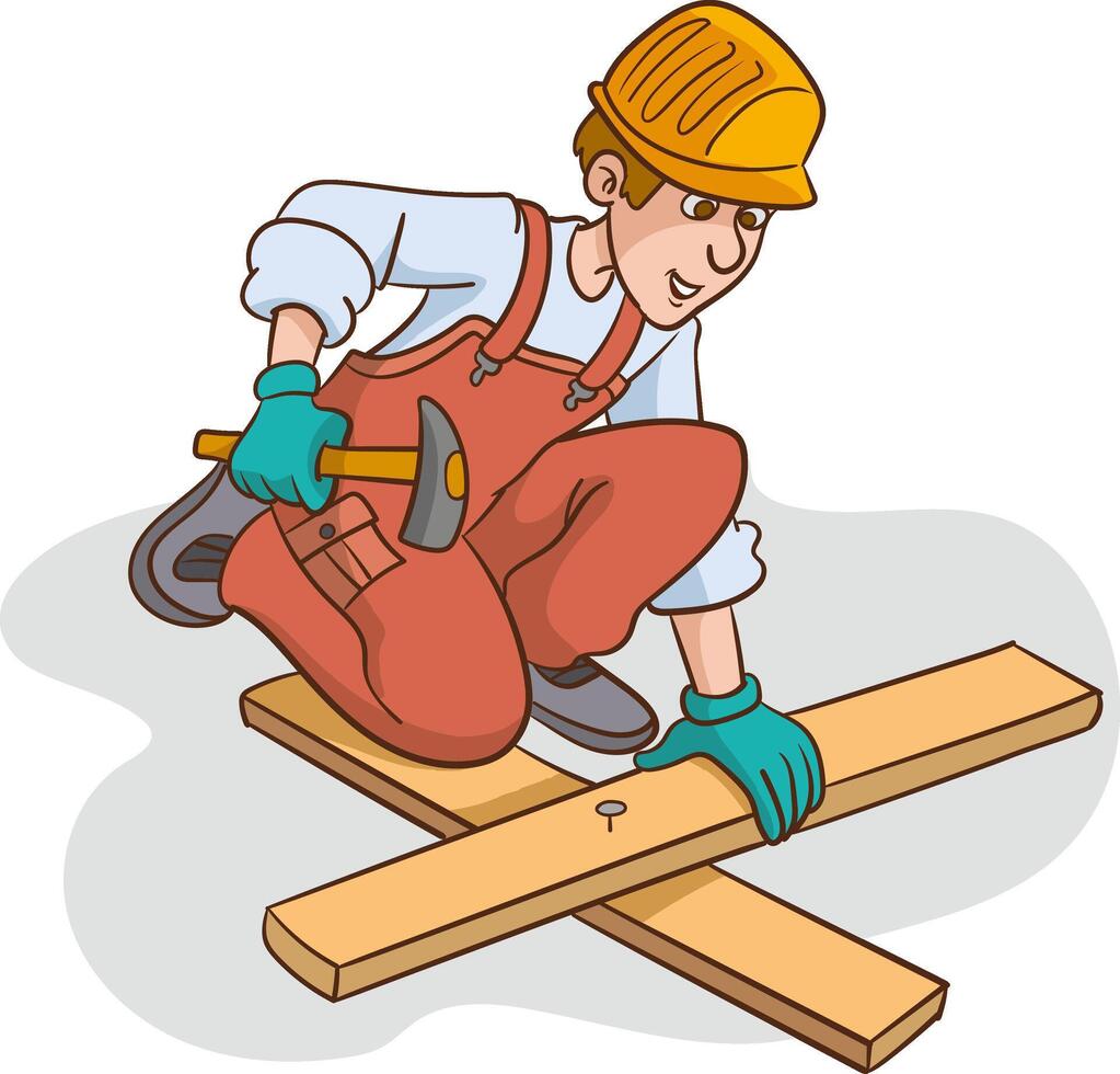 Classic Worker or Carpenter . Civil Engineering Construction Worker. Isolated on White Cartoon Character Illustration vector