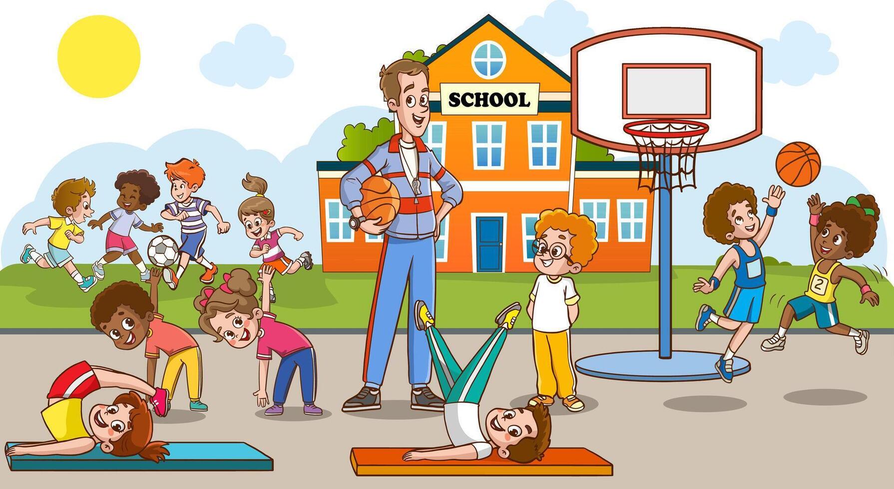 Children doing various sports in physical education class at school. illustration of children exercising in physical education class with their teacher. vector