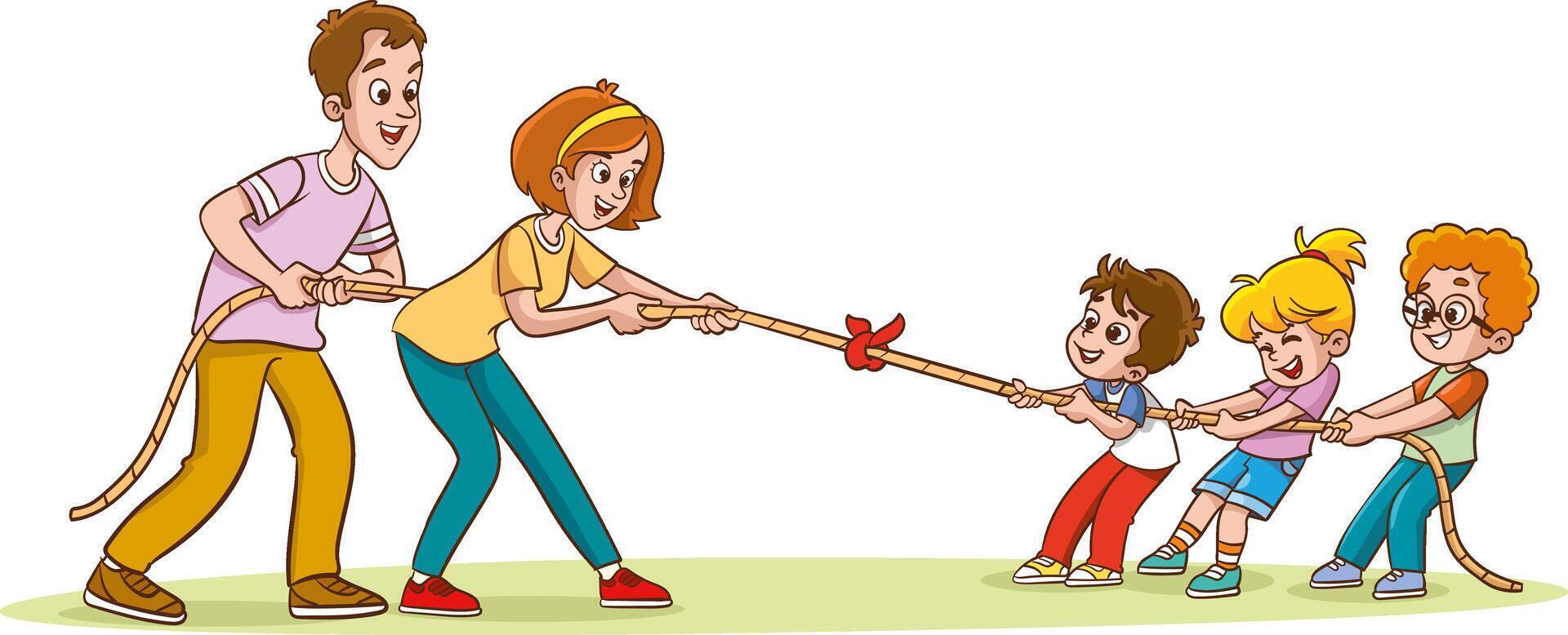 Teams Of Kids and Adults Characters Compete In Tug Of War By Pulling Opposite Ends Of A Rope, Testing Their Strength And Teamwork. Family Competition, Rivalry with Children and Parents vector