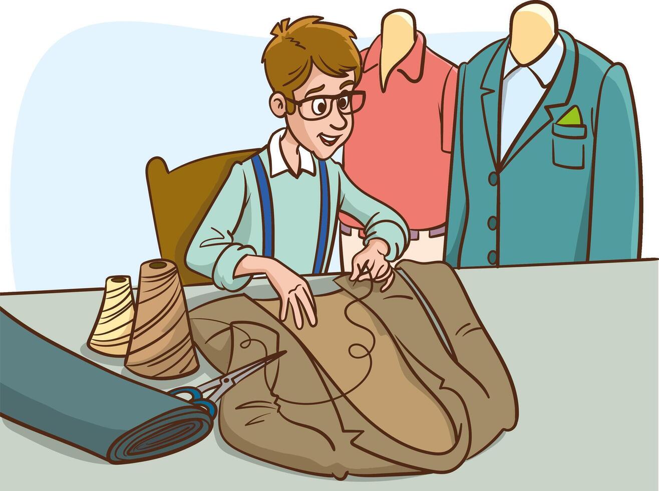 Seamstress work, tailoring. illustration of a seamstress in the workplace.seamstress works on a sewing machine. vector