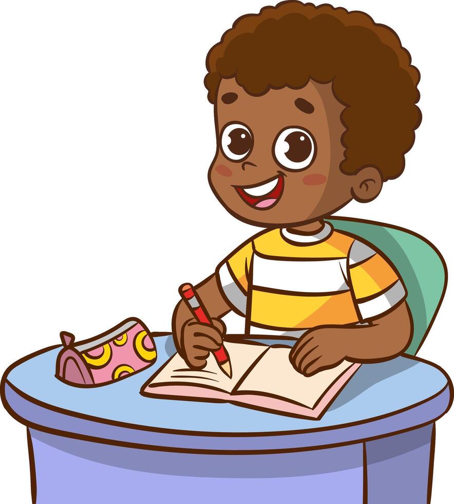 Cute little boy sitting at table, writing in notebook, doing homework at home vector