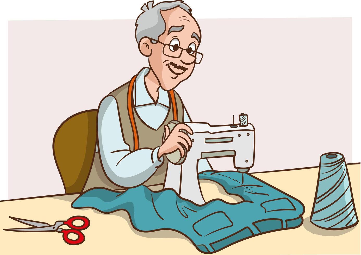 Seamstress work, tailoring. illustration of a seamstress in the workplace.seamstress works on a sewing machine. vector