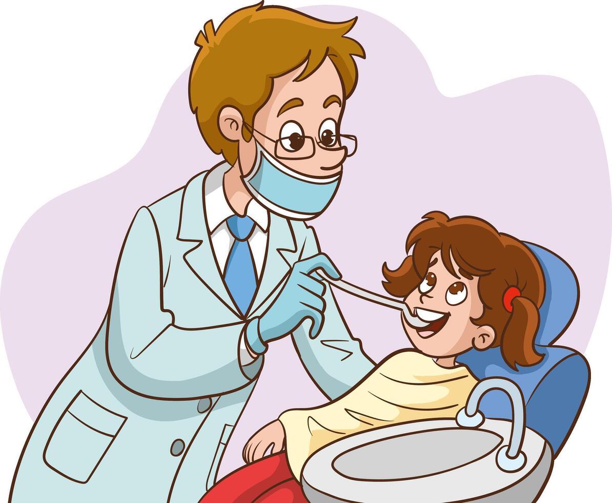 Dentist men holding instruments and examining patient man teeth looking inside mouth. Patient lying down in dental chair. vector