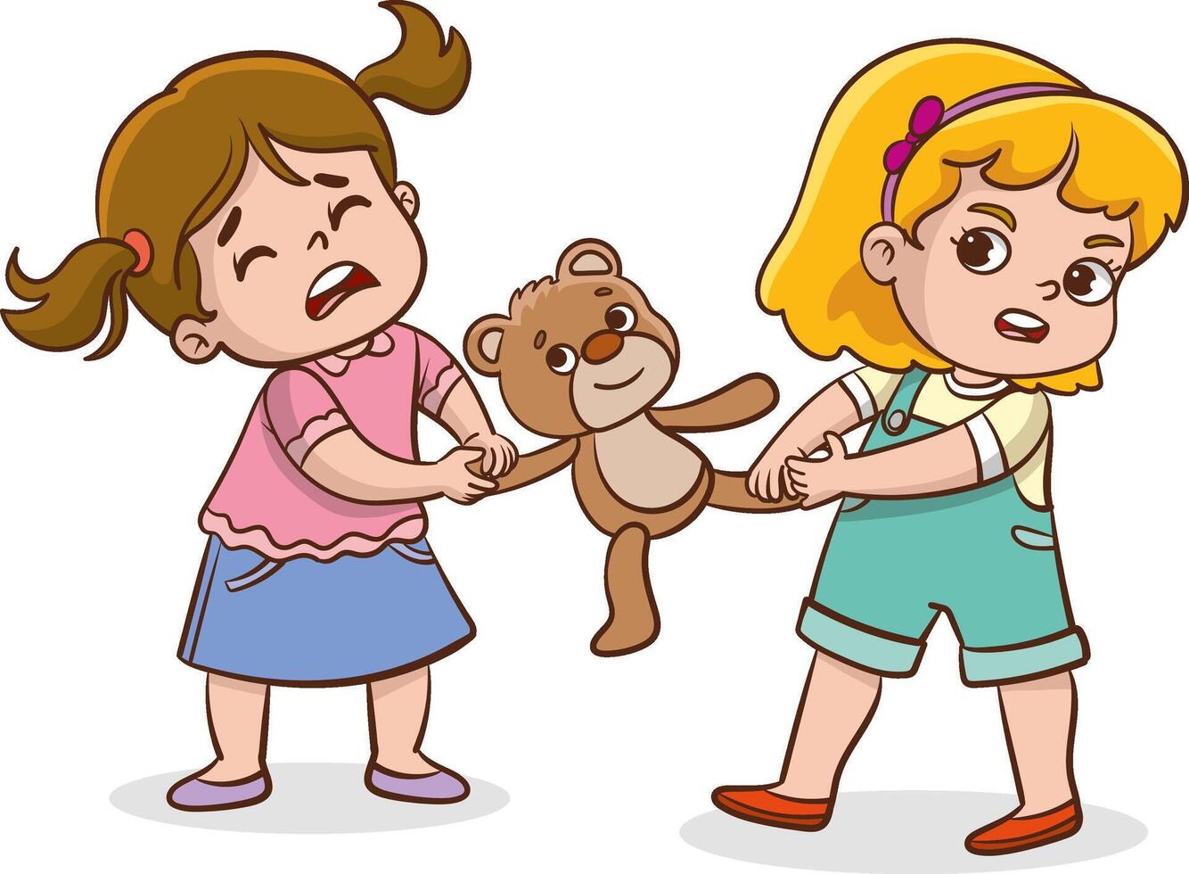 illustration cartoon of two little girls fighting over a teddy bear. The conflict between children. vector