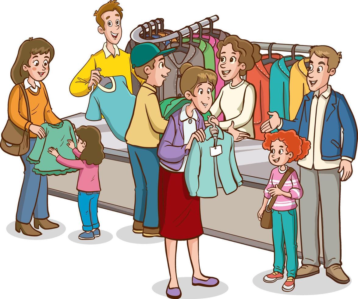 People shopping clothes in store. Diverse man, woman and couple choosing, trying and consulting to each other at fashion boutique. Seasonal sale or discount, black friday, buying goods cartoon vector