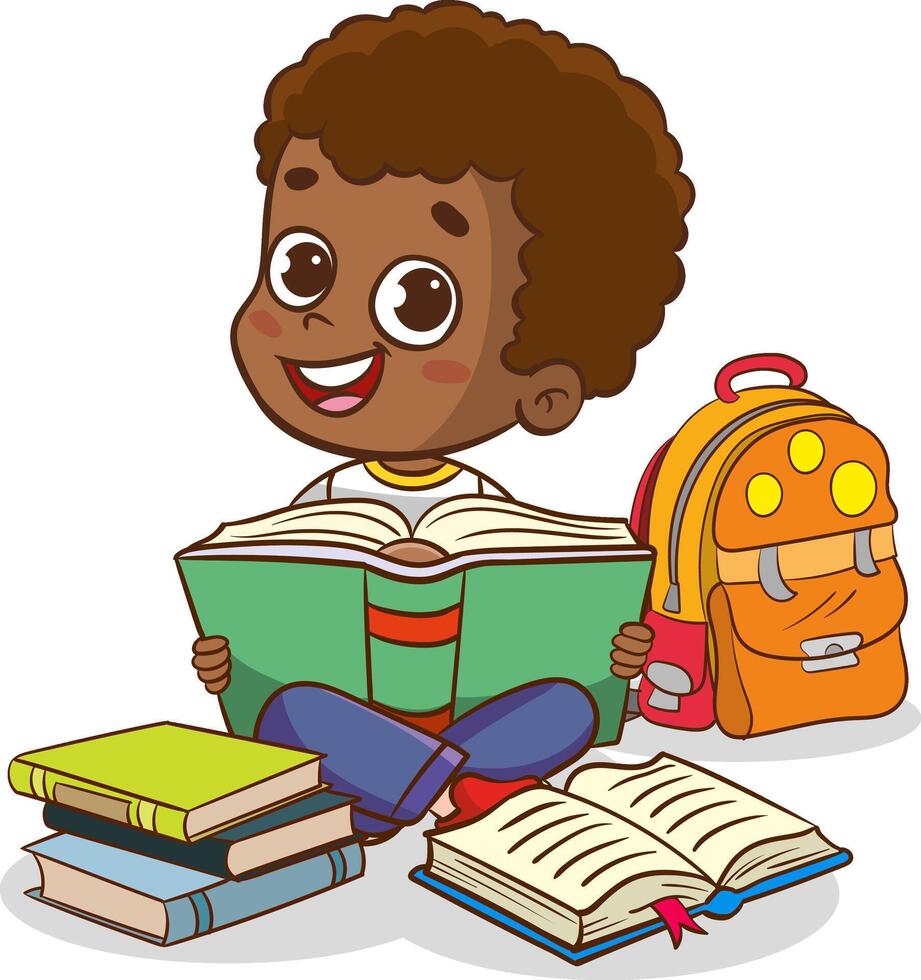 Cute little African boy reading a book sitting on the stack of books vector