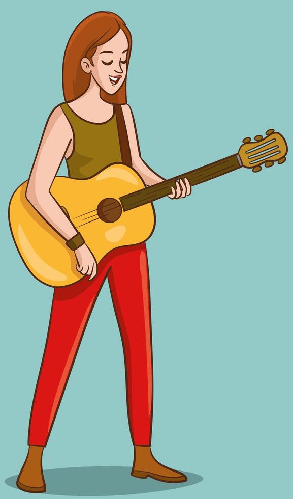 Smiling Teen Girl Standing and Playing Guitar Performing on Stage Illustration vector