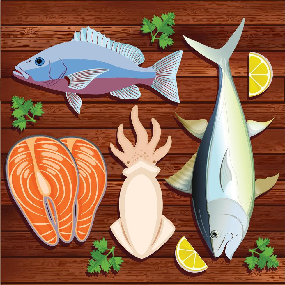Seafood set of illustration icon fish food on brown wooden background.Isolated cartoon set seafood. vector