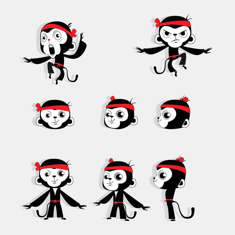 Black and White kung fu monkey character sheet design vector