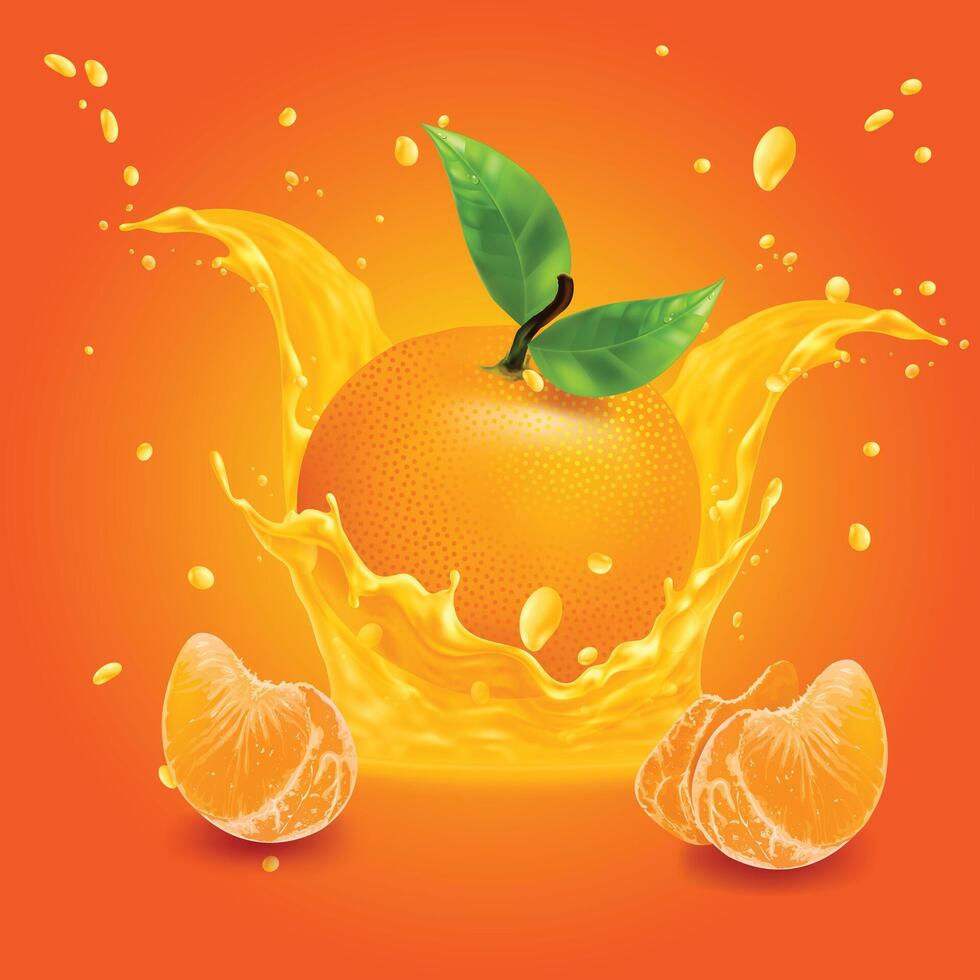 Natural whole orange fruits with half and green leaves isolated on Orange background. vector