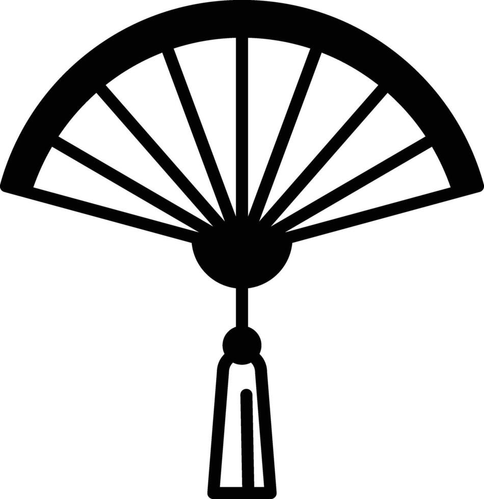black and white drawing of a fan with a long, thin tassel vector