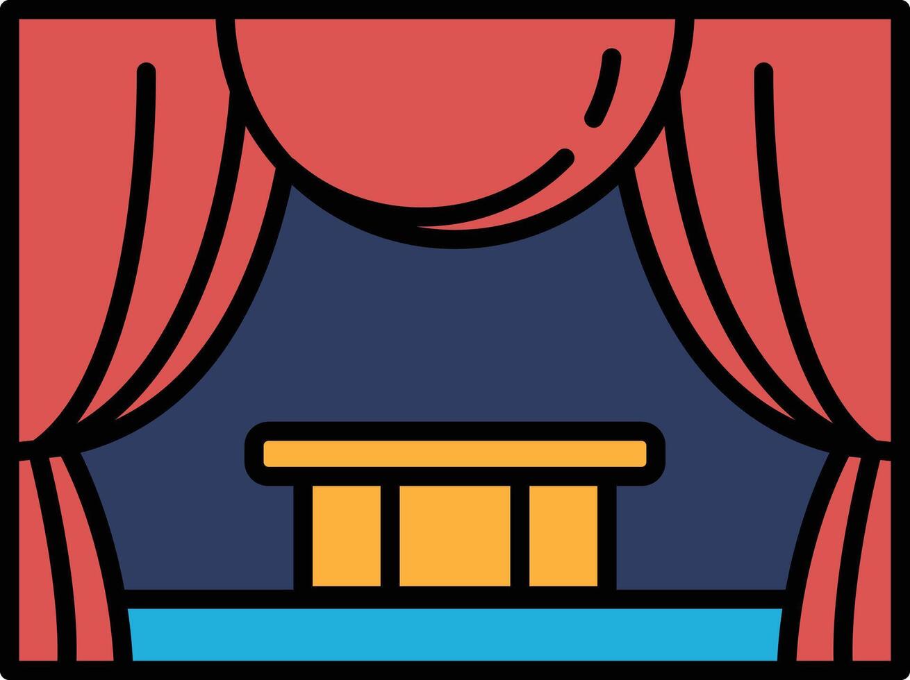 A black and white illustration of a stage with a curtain and a table vector