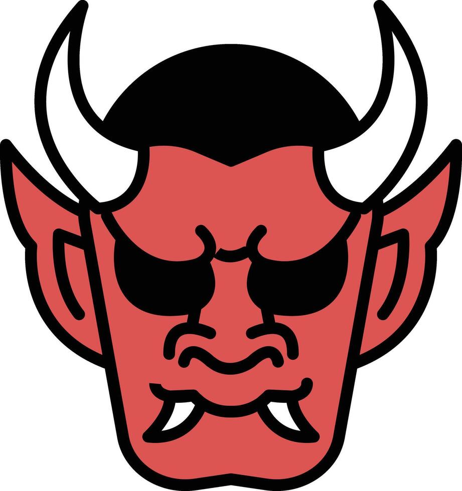 A black and white drawing of a demon with horns and a mask vector