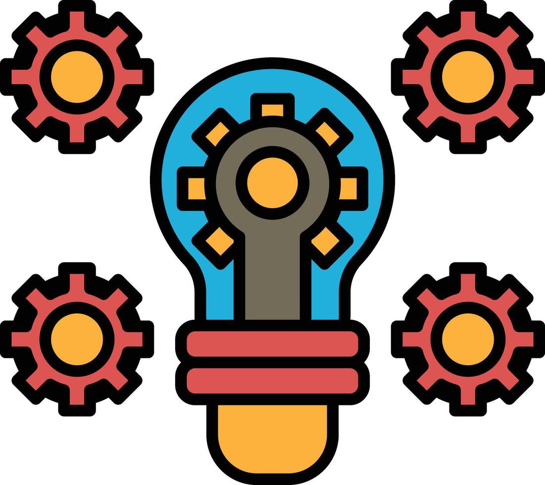A black and white drawing of a light bulb with five gears surrounding it vector