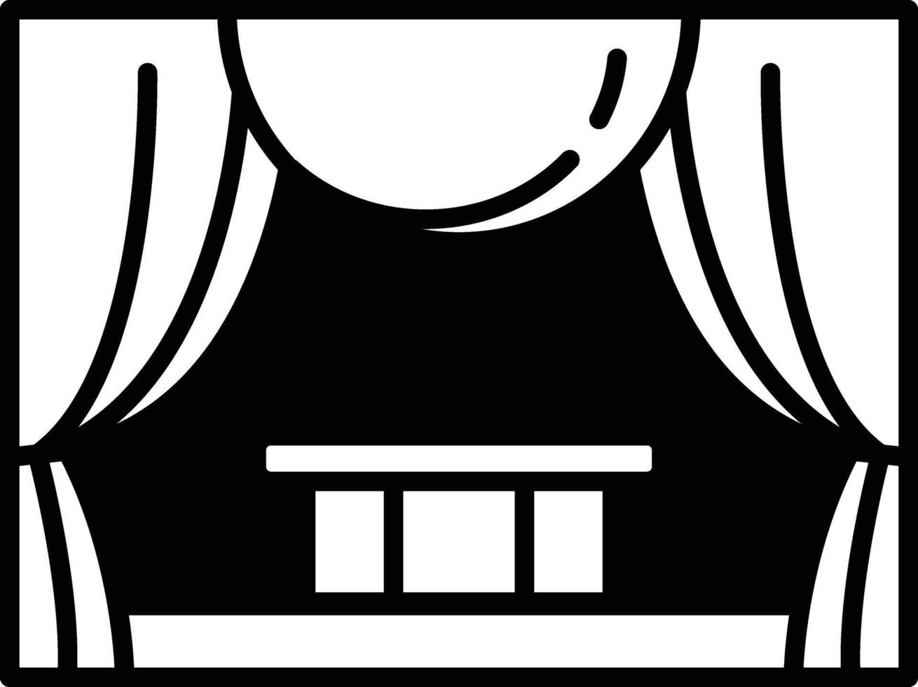 A black and white illustration of a stage with a curtain and a table vector