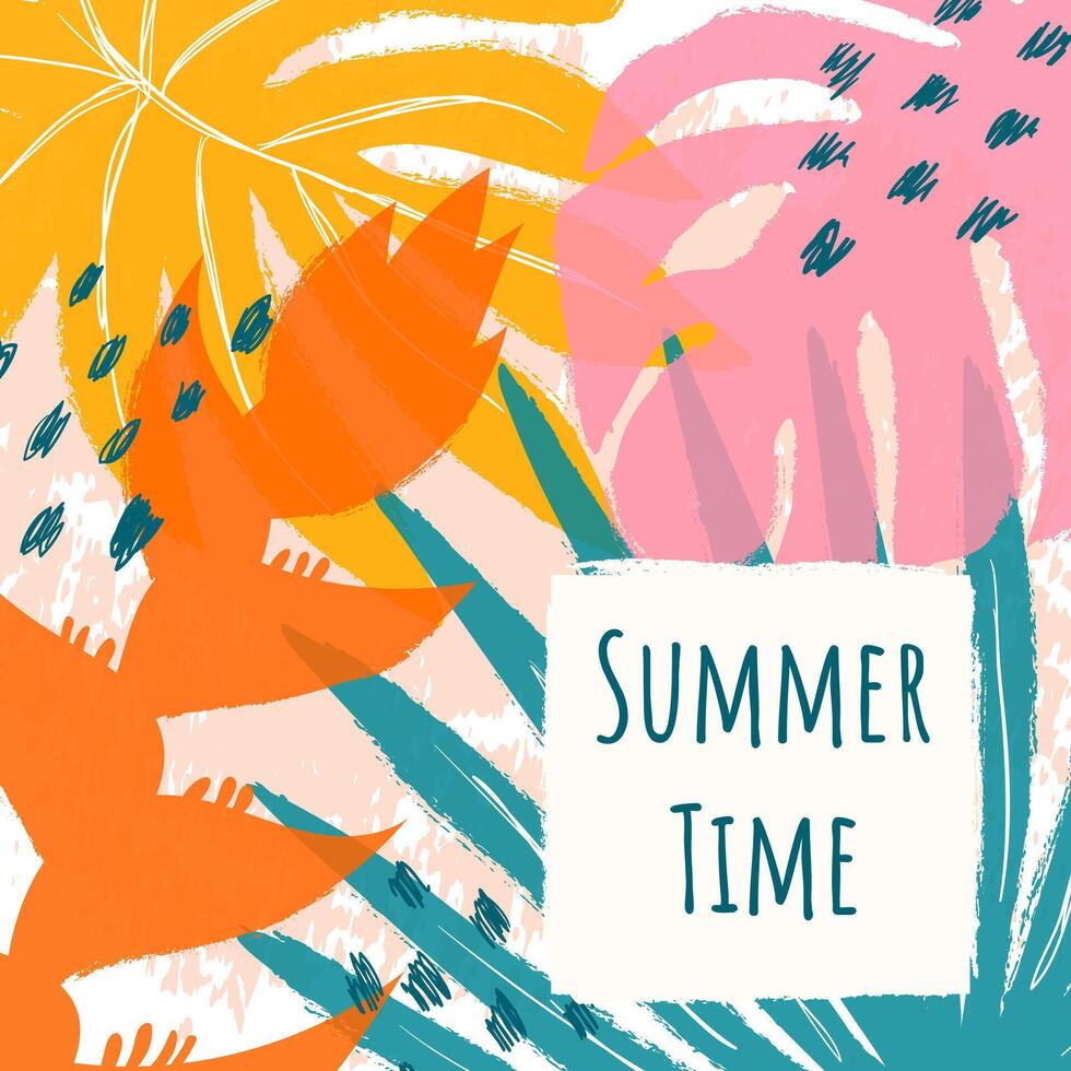 Summer square greeting card with risography and typography. Tropic leaves and flowers in hand drawn style. Grunge texture effect. Template for social media, banner, cover, poster, sales. vector