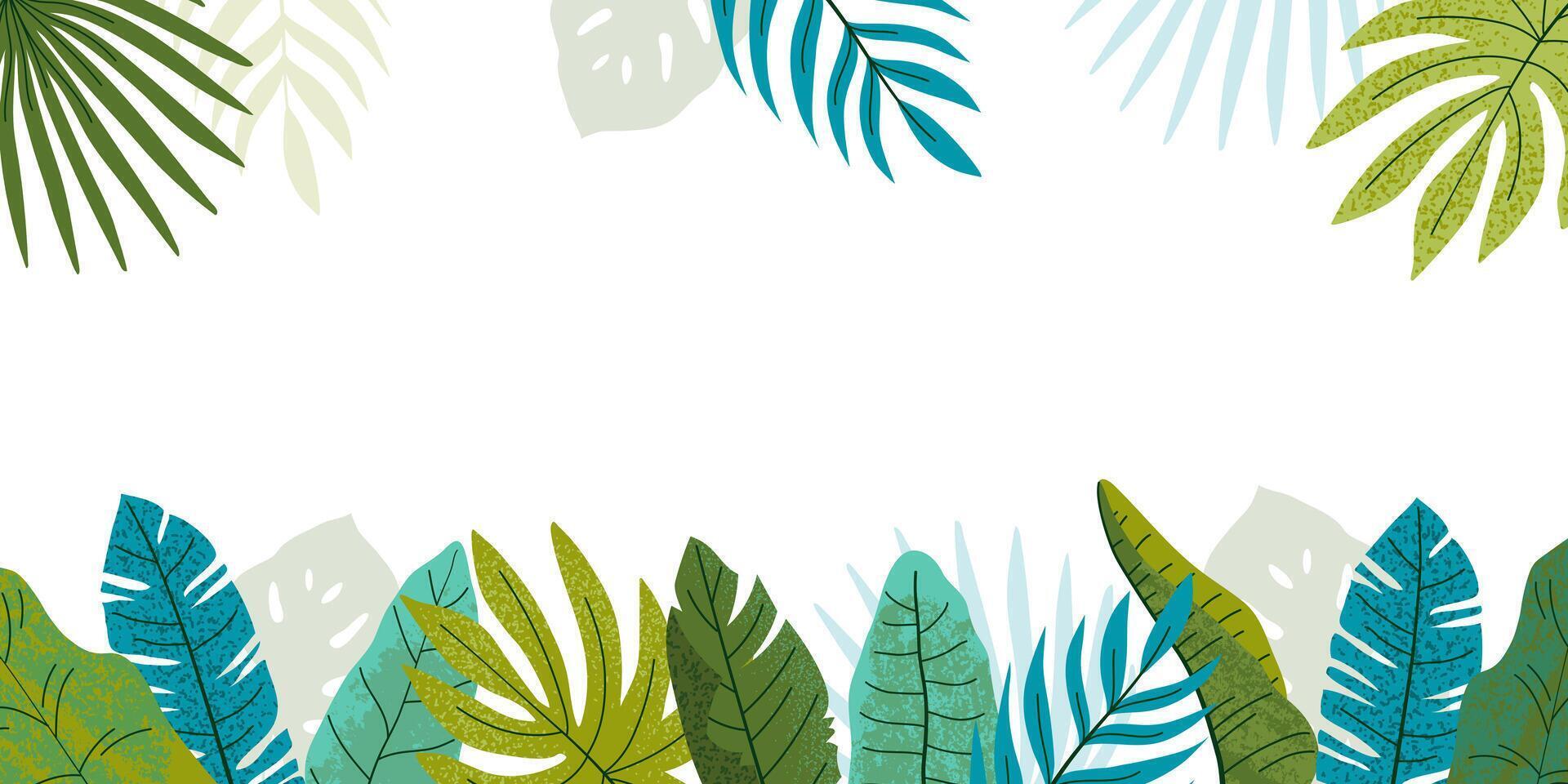 Rectangular tropical background with copy space. Summer concept. Jungle grunge textured various leaves. Flat illustration for backdrop, advertising, poster, social media vector