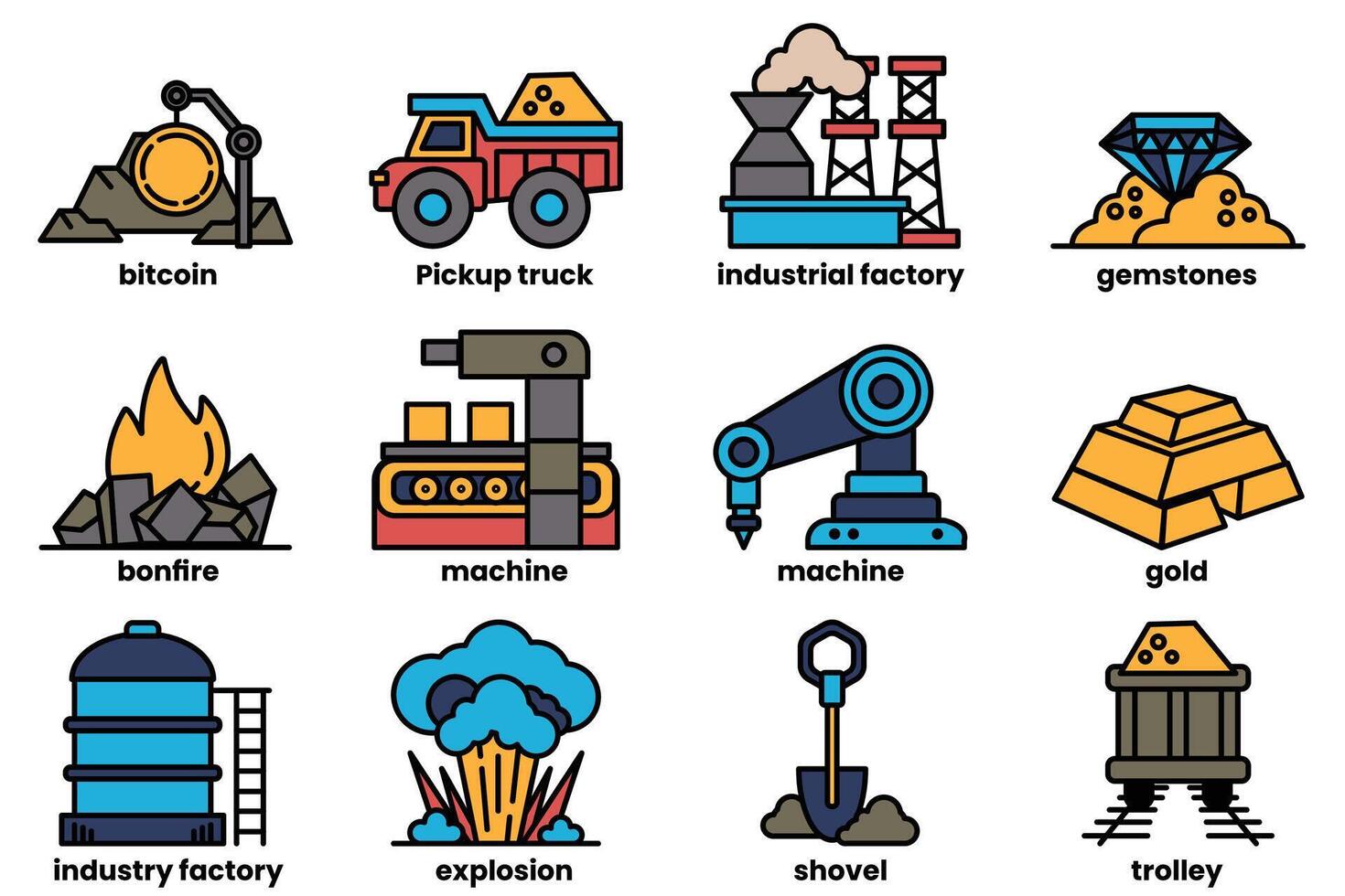 The image is a collection of industrial icons, including a truck, a machine vector