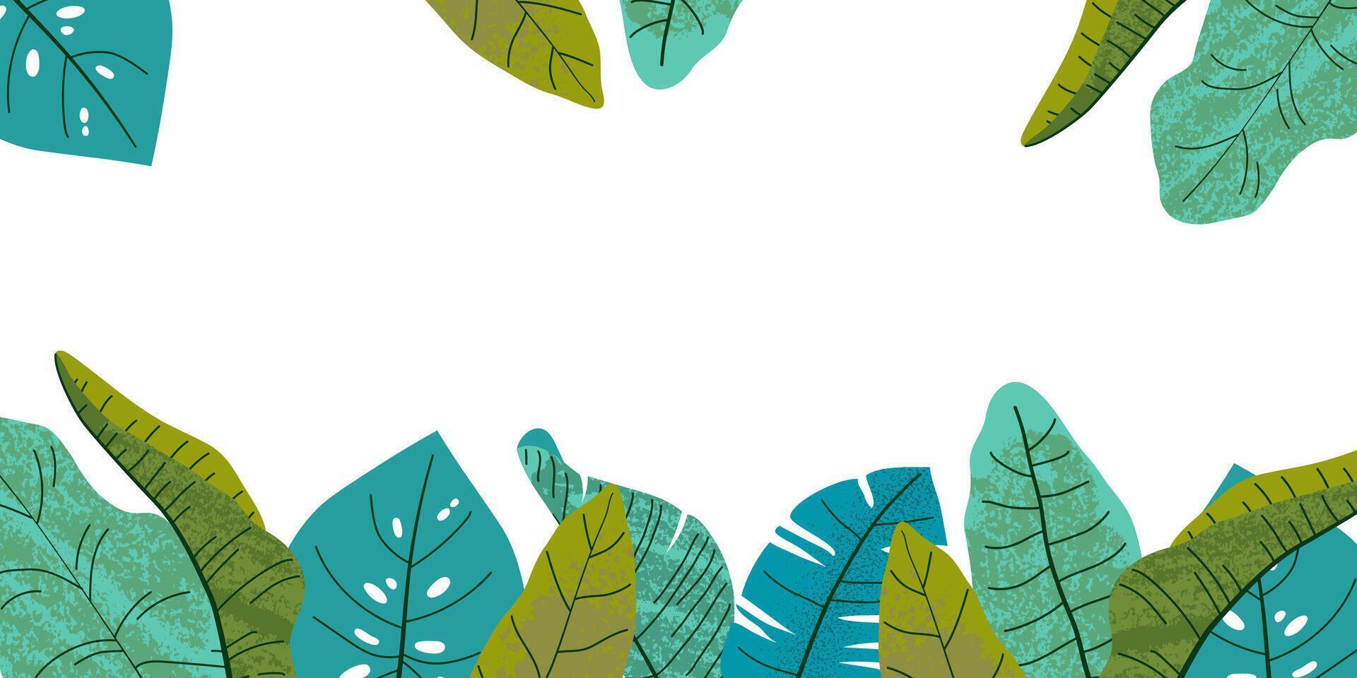 Horizontal summer wallpaper with copy space. Summer concept. Grunge textured tropical leaves. Flat illustration for banner, advertising, background, cover vector