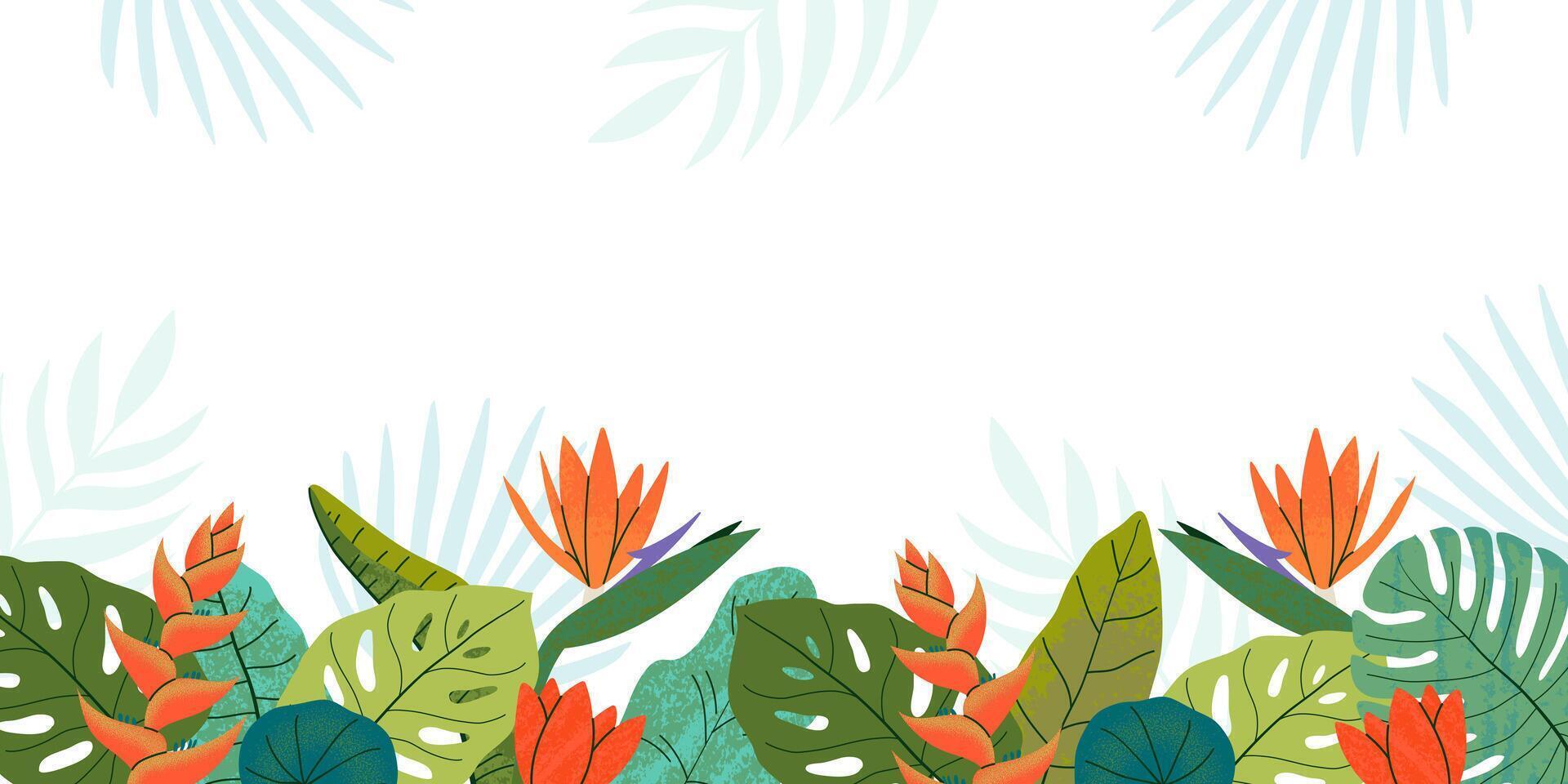 Rectangular summer tropical banner with copy space. Jungle grunge textured leaves and flowers. Flat illustration for background, invitation, advertising, poster, social media vector