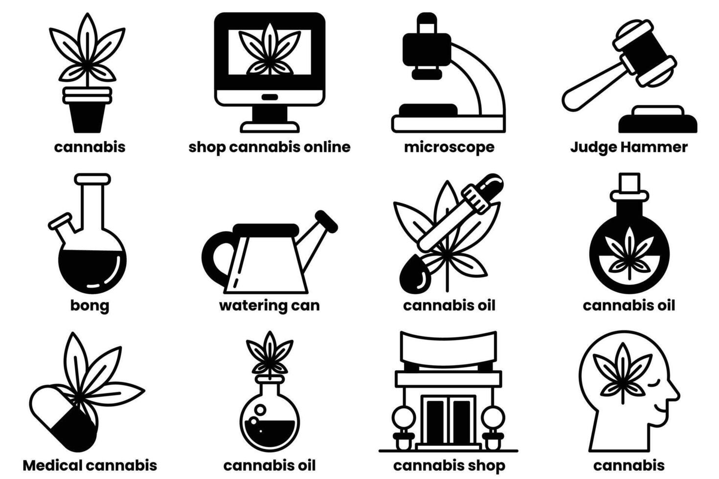 A set of icons for various cannabis-related items, including a judge hammer vector