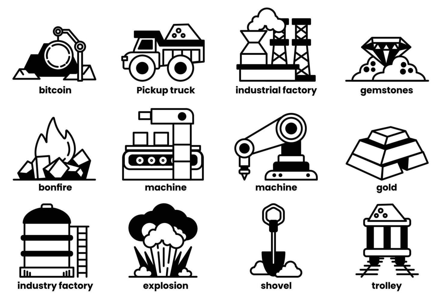 The image is a collection of industrial icons, including a truck, a machine vector